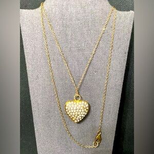 Vintage Gold Tone puffed heart pendant with rhinestones on Gold tone chain